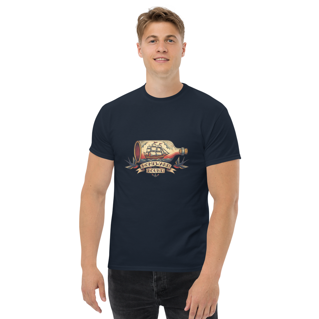 Unisex Classic Cotton Tee - Vintage Ship-in-bottle Design