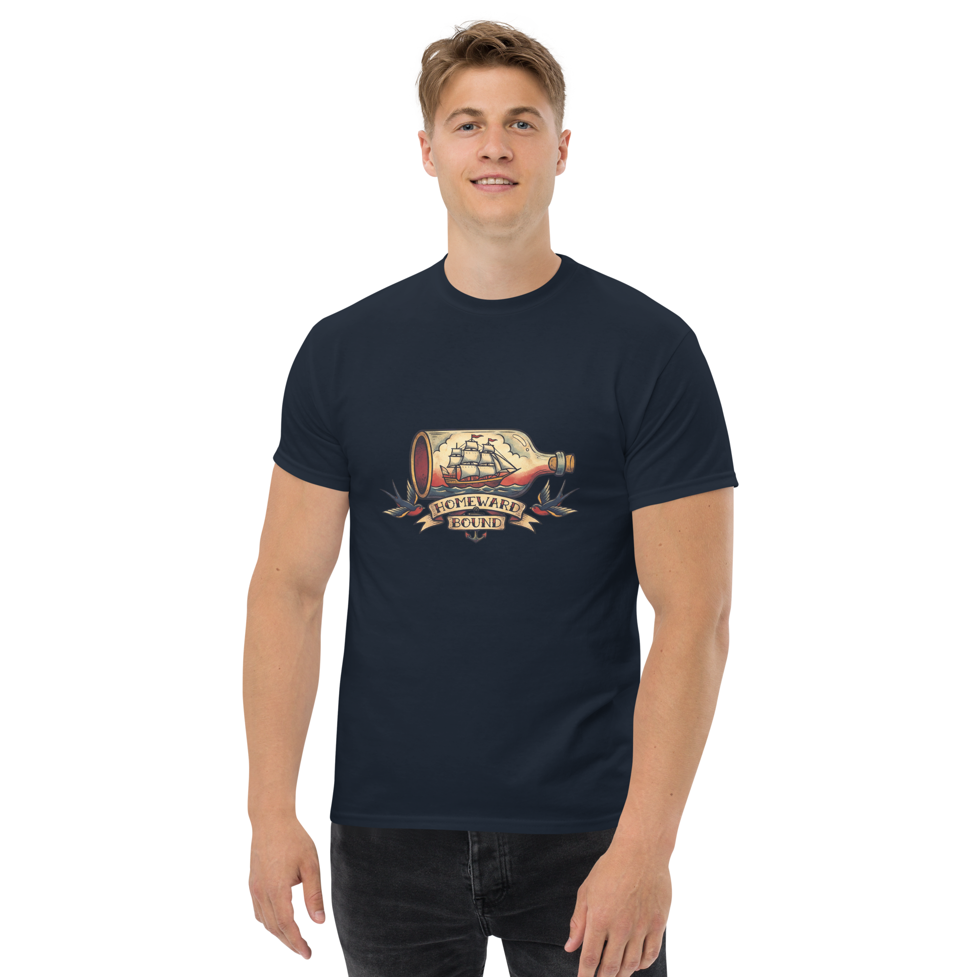 Unisex Classic Cotton Tee - Vintage Ship-in-bottle Design